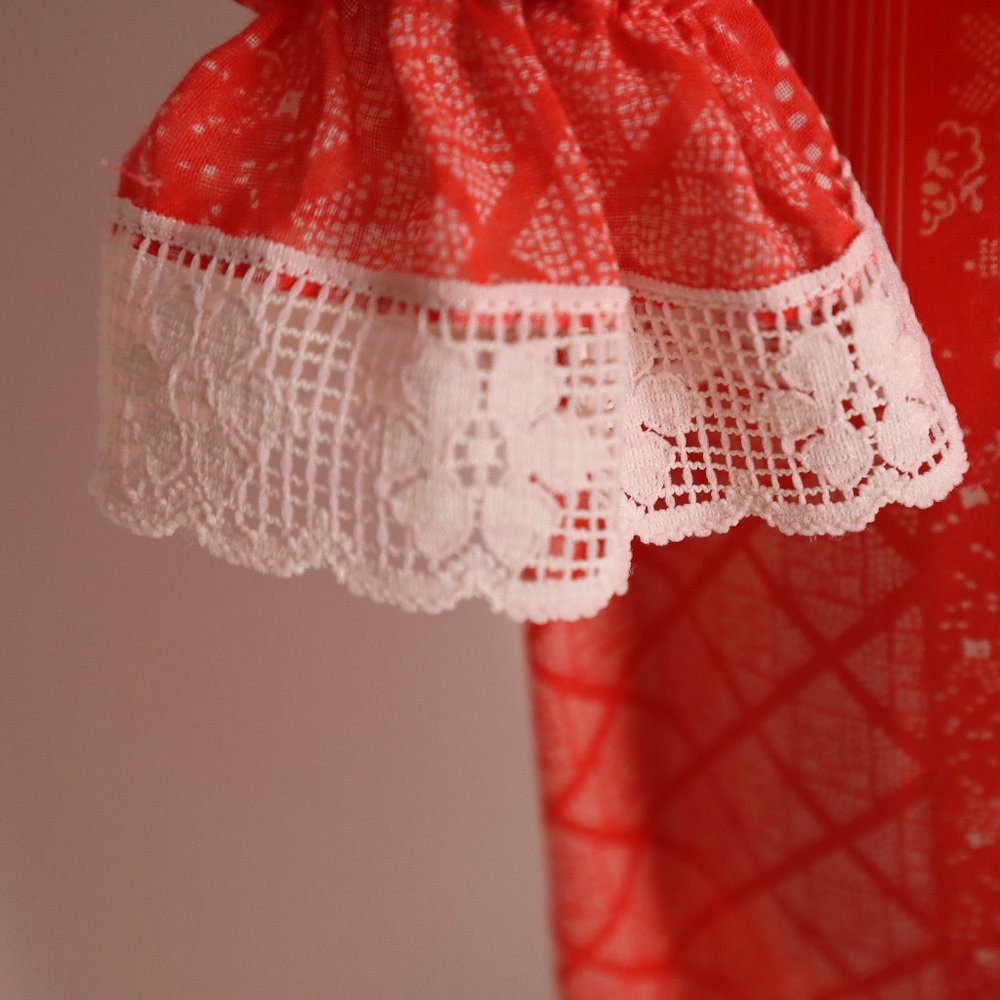 Vintage Red Prairie Boho Calico Cottage Core Floral Lace Dress Hippie Peasant XS - Picture 8 of 10